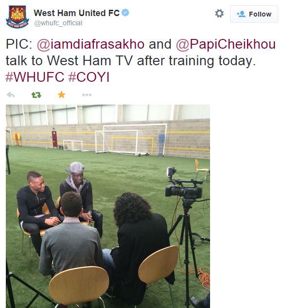 Marc Joss, French consecutive interpreter with West Ham's Cheikh Kouyaté and Diafra Sakho as seen on the official West Ham United Twitter account, football interpreter